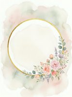Watercolor floral frame with gold circle border and soft pastel roses, lavender, and greenery on white background. Isolated design element for invitations, cards, and wedding stationery.