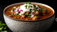 Hearty chili con carne topped with sour cream, diced red onions and fresh herbs in rustic speckled ceramic bowl against dark background. Comfort food styling.