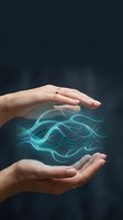 Hands protecting glowing blue energy waves symbolizing care, protection, innovation and digital transformation in business and technology.