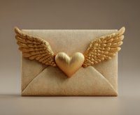 Elegant golden heart with wings adorns a beige envelope, symbolizing love message or romantic correspondence for wedding invitations or Valentine's Day.