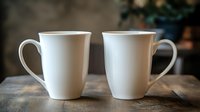 Two white ceramic coffee mugs standing side by side on rustic wooden table with soft blurred background, minimalist composition for cafe and lifestyle design.