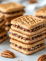 Stack of homemade waffle sandwich cookies filled with chocolate and pecans on light background, close up view of fresh baked sweet dessert treats.
