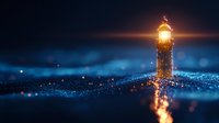 Glowing lighthouse beacon illuminates dark night with magical sparkles and bokeh effects on water surface creating dreamy maritime atmosphere.