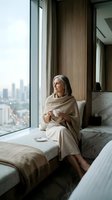 Mature Caucasian woman in cozy blanket enjoying morning coffee by large window with city skyline view in modern luxury apartment bedroom interior.