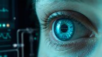 Closeup of a human eye with glowing cyan iris and digital circuit patterns, representing artificial intelligence, technology, and futuristic vision for sci-fi and tech projects.