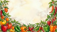 Colorful fresh peppers and chili vegetables arranged on cream watercolor background with copy space for culinary, recipe, cooking, and food design projects.