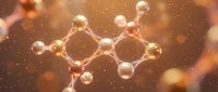 Molecular structure with glowing atoms and bonds floating in warm orange space with bokeh light effects for scientific and educational content.