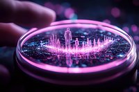 Glowing pink hologram of human figure and cityscape in petri dish with dark background and bokeh lights, futuristic science concept for biotechnology research.