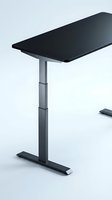 Modern adjustable standing desk with black tabletop and metal frame isolated on white background, suitable for office furniture design and workspace concepts.