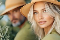 Young Caucasian woman with blonde hair wearing beige hat and green shirt poses outdoors with natural foliage and male figure in background, soft bokeh effect.
