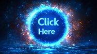 Glowing blue neon circle button with text on dark background with light particles and reflective water surface. Digital design for web and gaming interfaces.