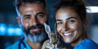 Smiling veterinarian team with rabbit patient during medical examination in modern veterinary clinic. Professional healthcare for small pets.