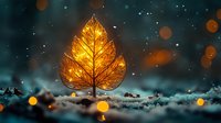 Golden autumn leaf glowing with warm light against dark bokeh background creates magical seasonal atmosphere for nature and fall themed designs.