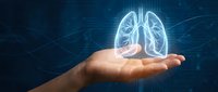 Human hand holding glowing digital lungs hologram on dark blue background with network connections for healthcare technology and medical innovation concepts.