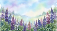 Watercolor lupine flowers in purple and blue hues create dreamy spring meadow scene with soft pastel sky background for botanical artwork and nature designs.