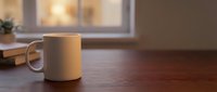 White ceramic coffee mug on wooden table in cozy morning sunlight streaming through window creating warm atmosphere for breakfast or work break.
