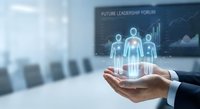 Businessman hand holding holographic team icons with data analytics dashboard in modern conference room for leadership and management concepts.