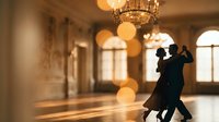 Elegant couple dancing in luxurious ballroom with crystal chandelier and warm bokeh lights creating romantic atmosphere for wedding celebration.