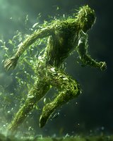 Mystical green figure composed of leaves and natural elements running through misty atmosphere, particles scattered in motion against dark background.