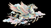 Colorful pegasus flying horse with wings and pastel clouds, isolated on transparent background, ready for t-shirt design, stickers, clipart, and print on demand.