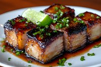 Glazed pork belly chunks with caramelized exterior, garnished with fresh chopped green onions and lime wedges, served in savory Asian-inspired sauce on white plate.