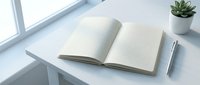 Open notebook with blank lined pages on white desk near window with pen and succulent plant for writing planning journaling workspace office productivity.