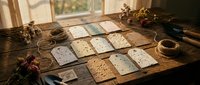 Tarot cards spread on wooden table with natural light, dried flowers, and rustic decor for divination and spiritual practices.