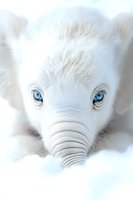 Close-up portrait of a white baby elephant with striking blue eyes and soft fuzzy fur against light background, creating magical and dreamy atmosphere.