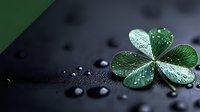 Fresh green clover leaf with water drops on dark background, macro photography showing morning dew and natural texture in dramatic lighting.