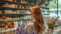 Young Caucasian woman with long red hair in natural cosmetics store looking at shelves with organic products among lavender flowers and dried plants.
