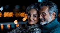Happy mature couple embracing outdoors at night with warm city lights bokeh background creating romantic atmosphere for relationship content.