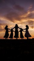 Five women silhouettes holding hands in field during dramatic sunset with purple and orange sky clouds for sisterhood friendship unity concepts.