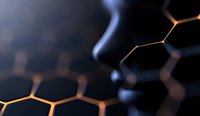Glowing orange hexagonal molecular structure on dark background with soft blue smoke effect creates futuristic scientific atmosphere for technology presentations.