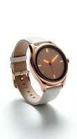 Elegant rose gold wristwatch with brown dial, gold hour markers, and two-tone leather strap in white and tan. Isolated on white background, ready for e-commerce, product marketing, and fashion design applications.