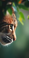 Close-up profile view of a cat's face showing detailed whiskers, amber eye, and reddish-brown fur against blurred green foliage background.
