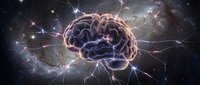 Human brain with glowing neural networks floating in cosmic space with stars and nebula background for neuroscience and artificial intelligence concepts.