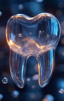 Glowing transparent tooth with water drops against dark blue background, dental care concept with magical light effects and bubbles for medical presentations.
