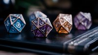 Colorful metal gaming dice with intricate geometric patterns and numbers arranged in row on dark surface, showing different sides and angles for tabletop role-playing games.