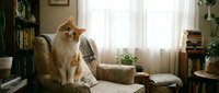 Fluffy orange and white cat sitting on cozy armchair in sunlit home library with books and plants creating warm domestic atmosphere for pet lovers.