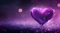 Glowing purple heart shape floating in magical dark atmosphere with bokeh lights and sparkles, romantic fantasy background for Valentine's day designs.