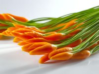 Fresh orange carrots with long green tops lying on white surface in artistic arrangement, macro food photography highlighting natural produce texture and color.