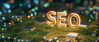 Glowing SEO letters on circuit board with bokeh lights representing search engine optimization and digital marketing technology concepts for web development.