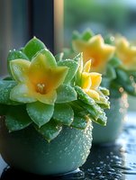 Fresh succulent plant with yellow blooms in green ceramic pot covered with water drops, macro photography with soft bokeh background and morning light.