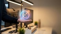 Businessman holding glowing holographic disc symbol in palm, representing digital technology, data storage, and innovation in modern office environment.