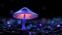 Glowing neon mushroom with luminescent details against dark background, magical forest atmosphere with bokeh lights and mystical purple-blue illumination.