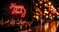 Neon happy hour sign glowing red on brick wall in upscale bar with cocktails and bokeh lights creating warm atmospheric dining experience.