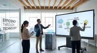 Business team analyzing cloud computing data storage solutions on interactive display in modern conference room with exposed ceiling beams.