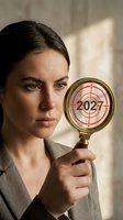 Woman holding magnifying glass with target and 2027 year displayed, symbolizing future planning, goal setting, vision and strategic business objectives for upcoming year.