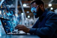 African American male engineer analyzing holographic data interface in modern tech facility for digital transformation projects.