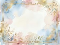 Watercolor floral frame with soft pastel washes in pink, blue, and gold tones, ornate decorative border with botanical elements and scrollwork, isolated on white background for design projects.